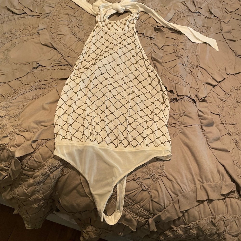White bodysuit with gold beading. Free People size small